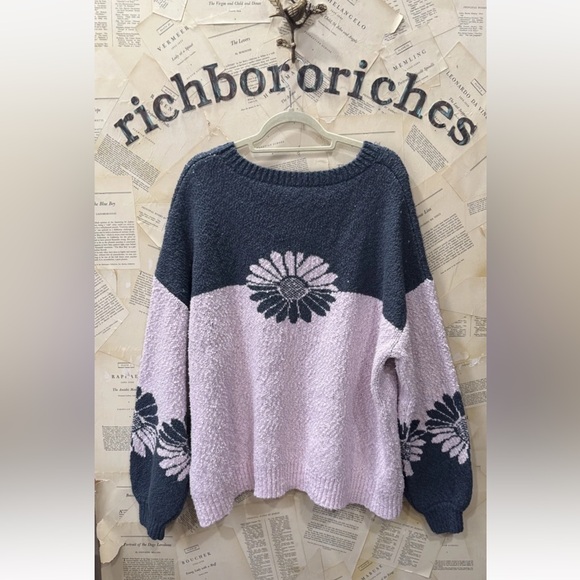 Free People In The Bloom Sweater Floral Colorblock Ribbed Hem Lilac Combo - Picture 6 of 6